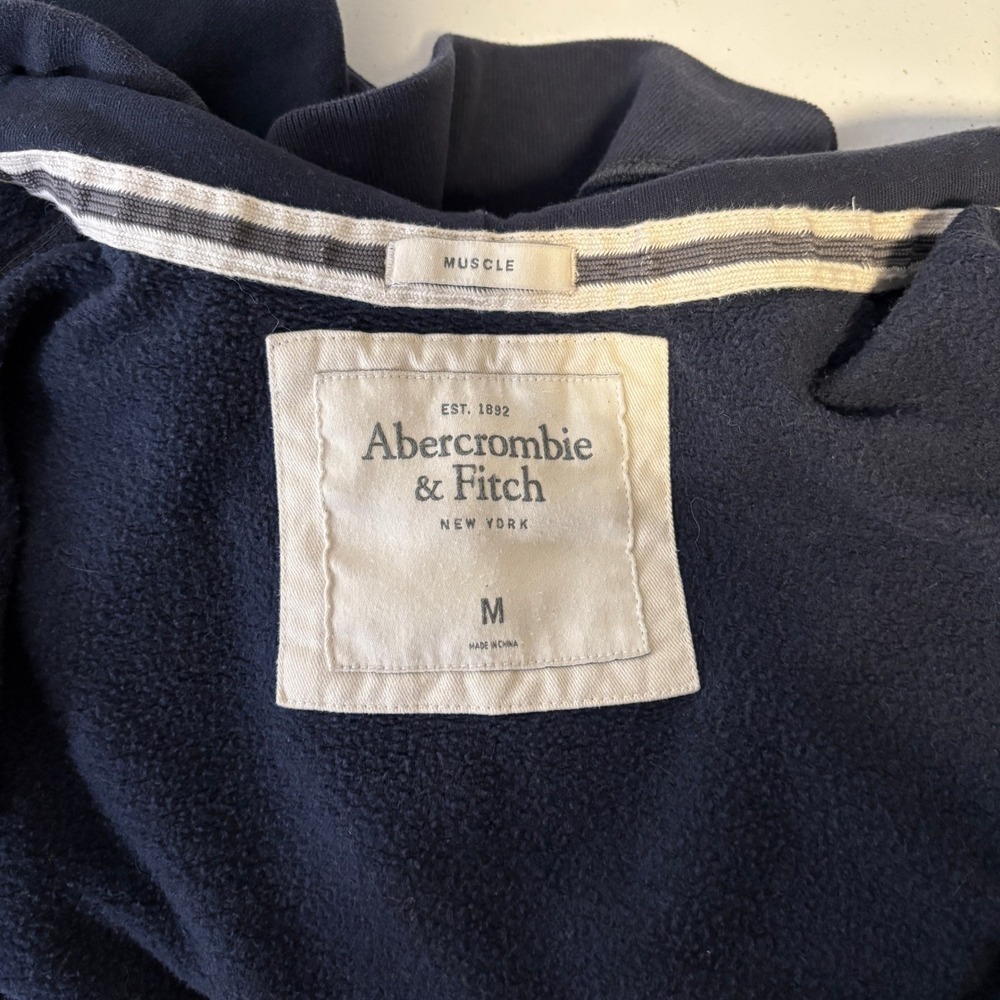 Vintage Abercrombie & Fitch Full Zip Hoodie Distressed Sleeve Logo Blue Unisex - Picture 4 of 11